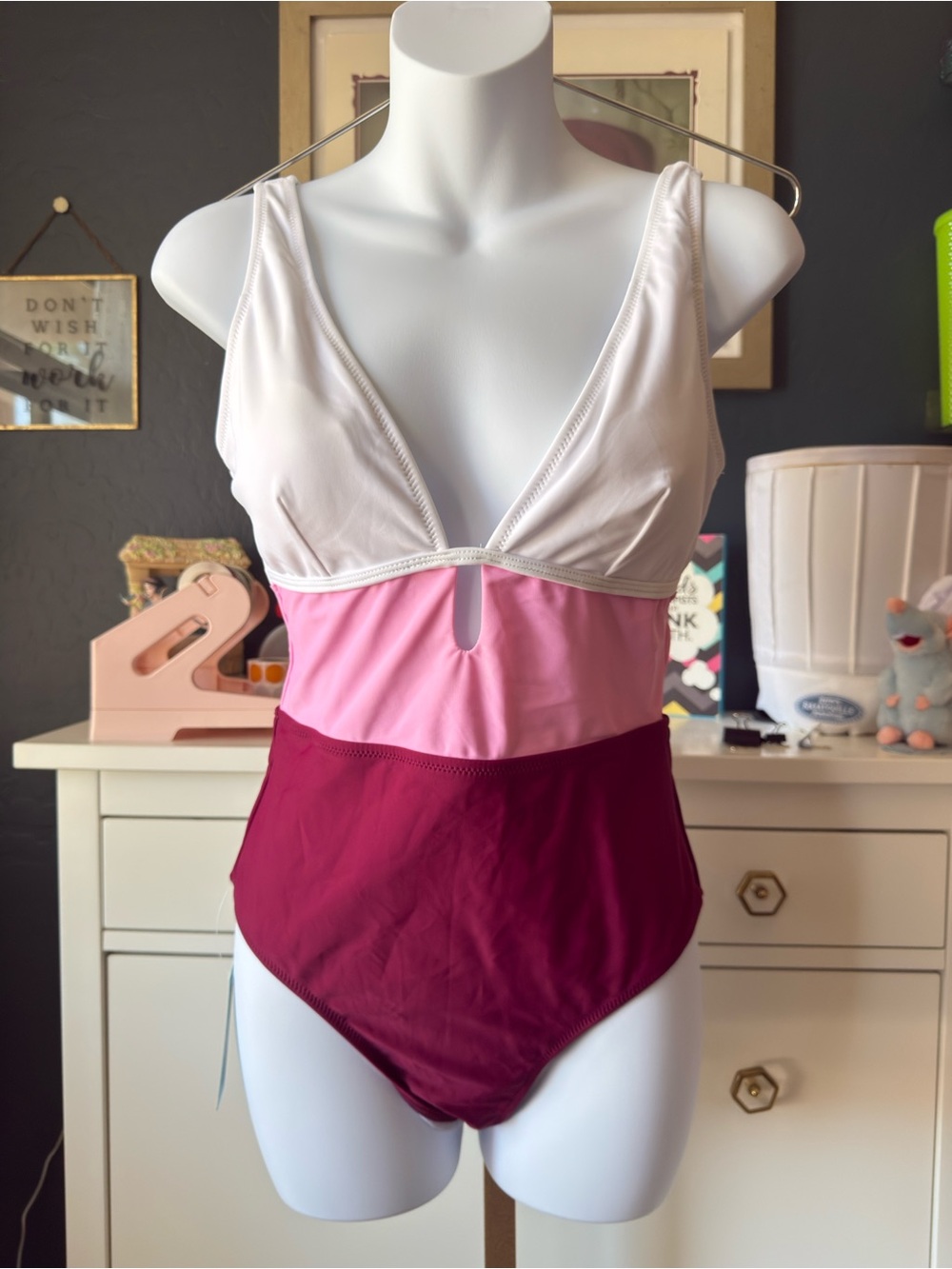 Cupshe Colorblock Plunge One-Piece Swimsuit in White, Pink, Burgundy
